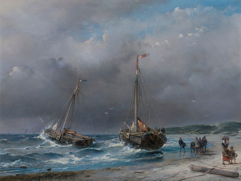 Oil painting by Andreas Schelfhout depicting fishermen unloading their catch by the shore.