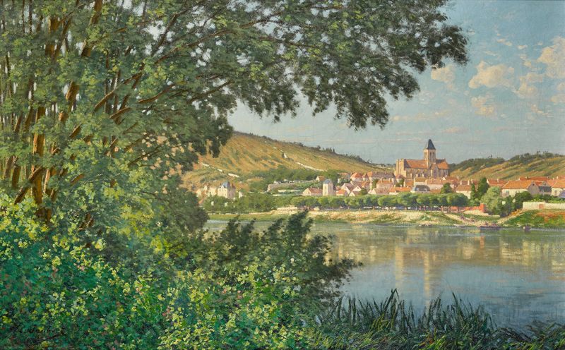 Landscape depicting a river with reflections, oil painting by Léon Joubert