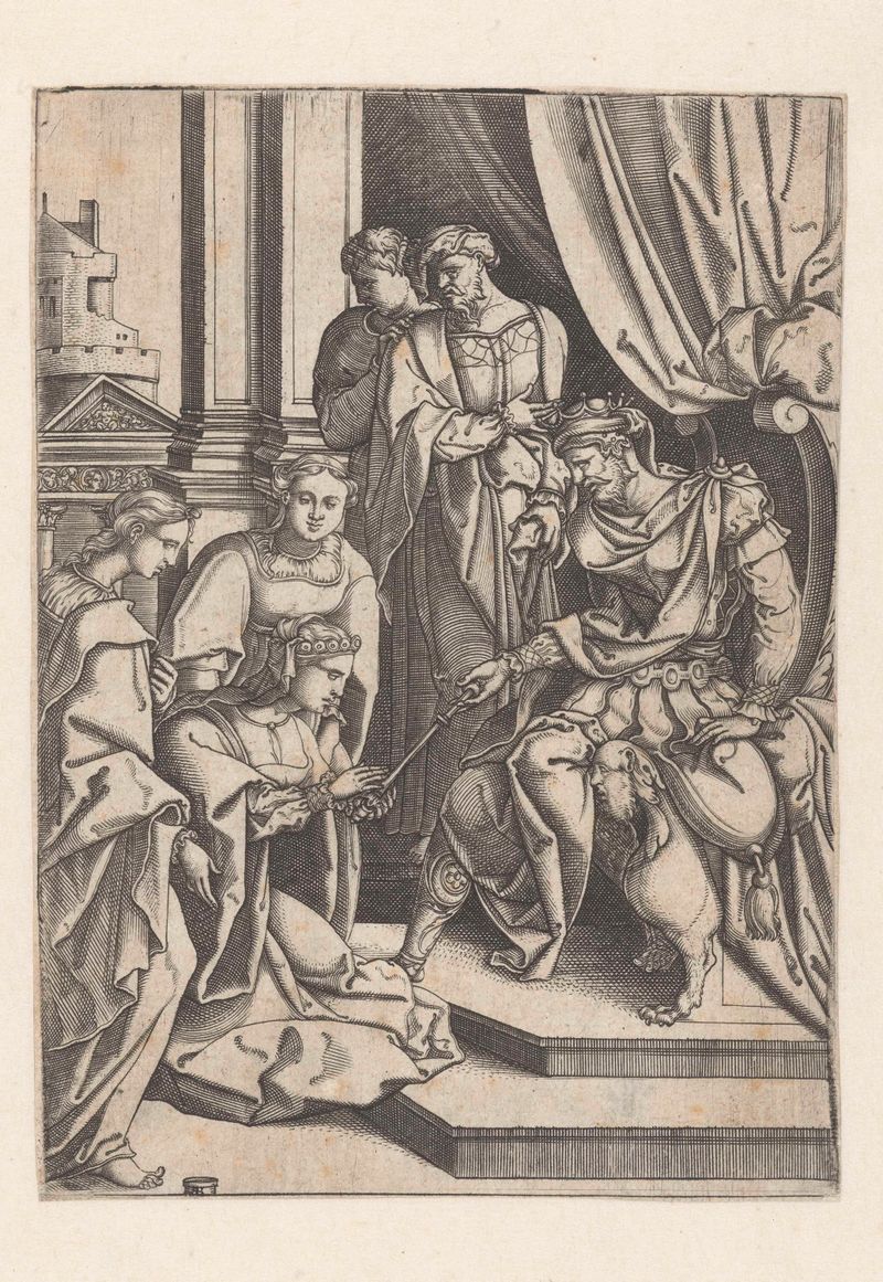 Engraving by Monogrammist RR depicting Esther with intricate details and vibrant gown