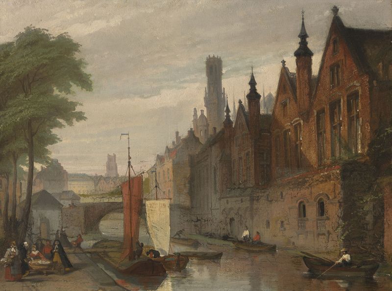 Liberty of Bruges, uma paisagem de Edouard Auguste Wallays, pintura a óleo que retrata um canal e uma cidade.