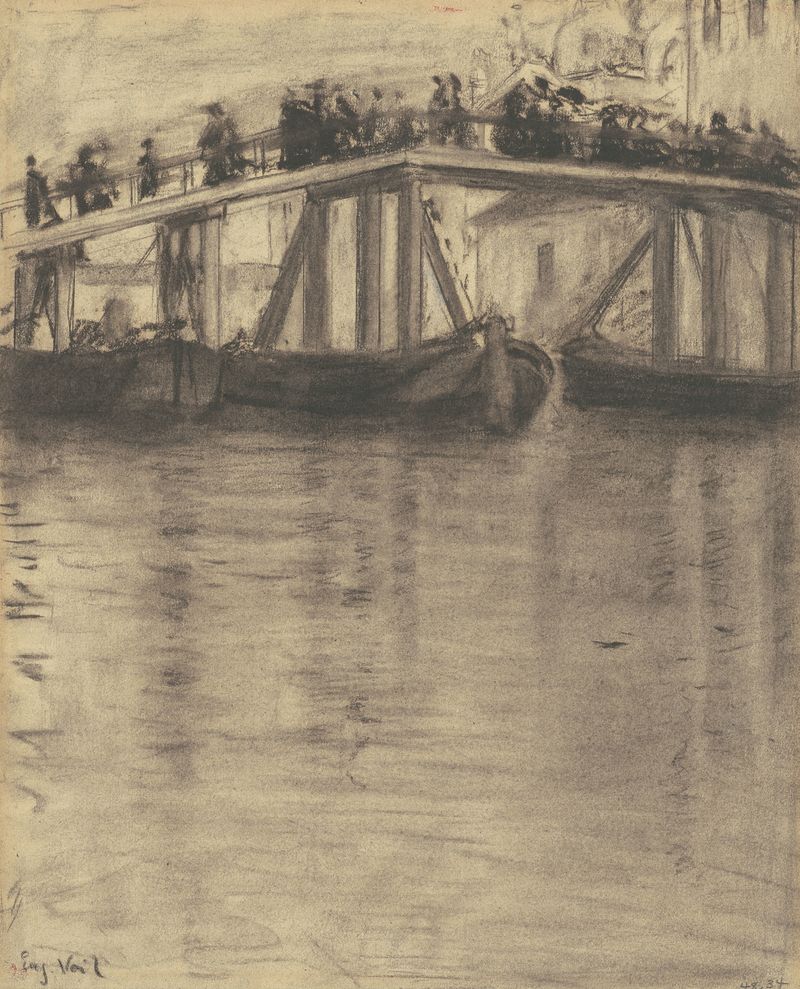 Venetian Bridge by Eugène Vail, oil painting depicting a serene canal with a bridge and golden buildings.