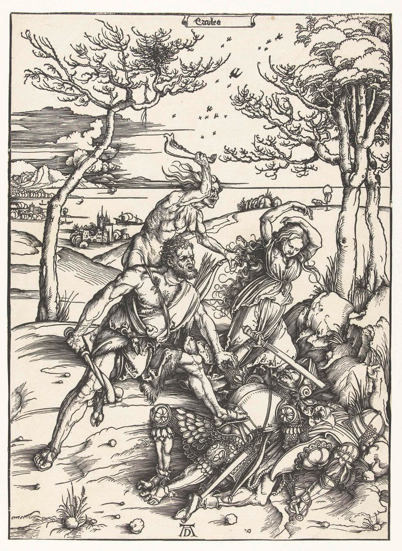 Hércules lutando contra os Molioniden, obra em papel de Albrecht Dürer