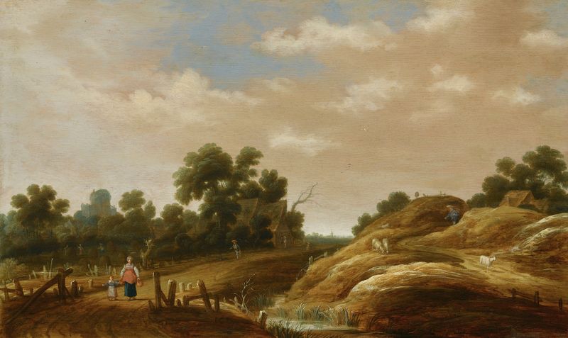 A dune landscape with a peasant woman and child on a path, oil painting by Joachim Govertsz Camphuysen.