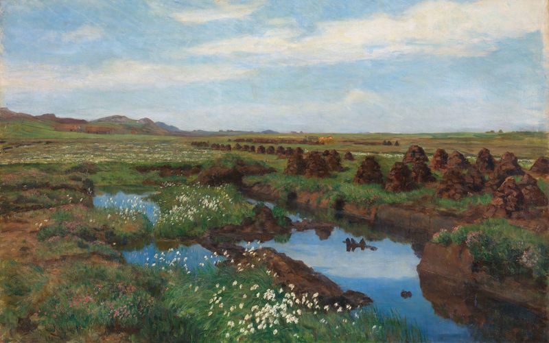 Peat Bog at Jæren by Kitty Kielland, oil on canvas depicting a wetland with roots and muted colors.