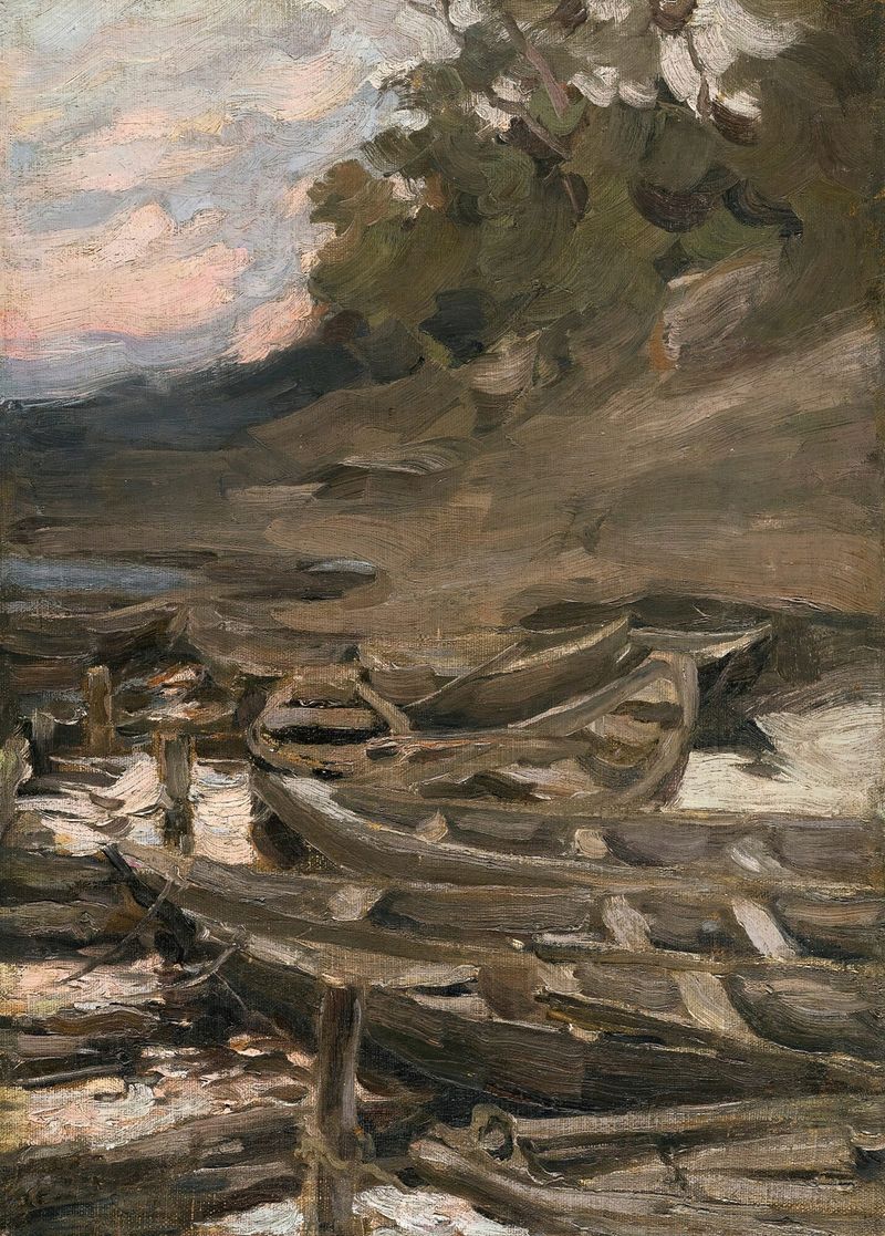 óleo sobre lienzo de Abram Efimovich Arkhipov que representa barcos en el agua al atardecer