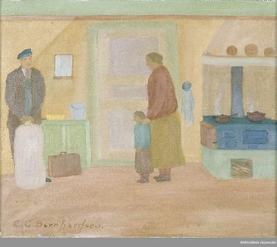 Interior scene of a family in a kitchen, oil painting by Carl Gustaf Bernhardson