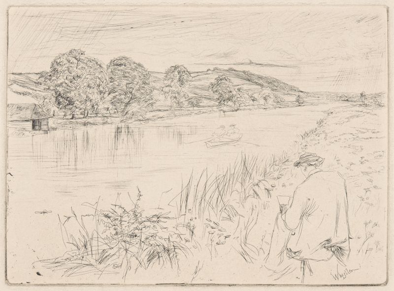 Sketching, No. 1 de James Abbott McNeill Whistler, tinta sobre papel, apresentando uma figura fantasmagórica.