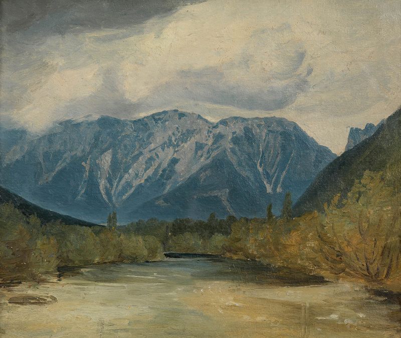 Die Rax in Niederösterreich, oil on canvas by Adalbert Stifter, depicting a lush forest landscape.