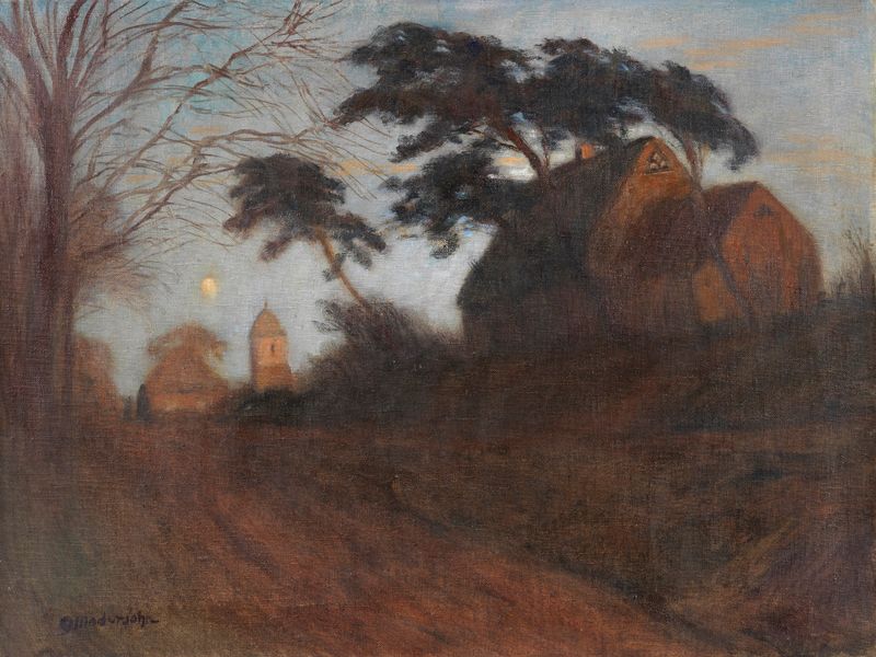 Eingang von Worpswede, óleo sobre lienzo de Otto Modersohn, que representa un paisaje crepuscular con una forja.