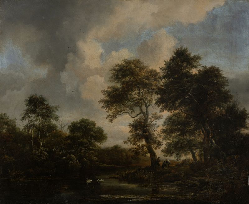 Forest Lake with two Swans, óleo sobre lienzo de Jacob van Ruisdael
