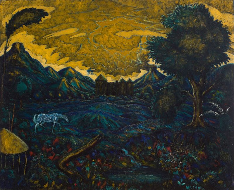 Paisaje con un Caballo de Edward Middleton Manigault, pintura al óleo que muestra un caballo en un paisaje sereno.