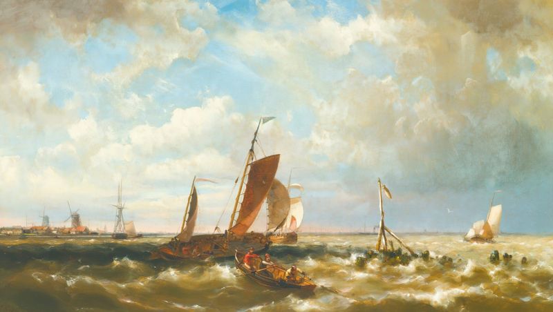 Oil painting by Hermanus Koekkoek the Younger depicting a ship in an estuary with windmills.