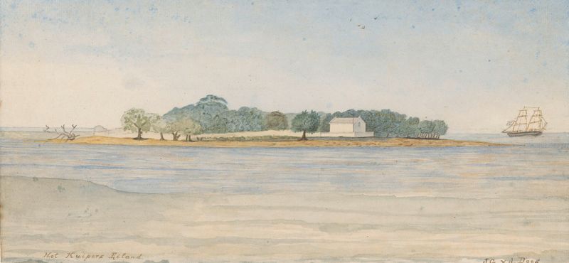 Paisaje de la isla Kuiper en la bahía de Batavia, pintura al óleo de J. G. van der Does