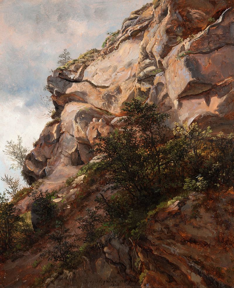 Paisaje con montaña rocosa y bosque, pintura al óleo de Thomas Fearnley