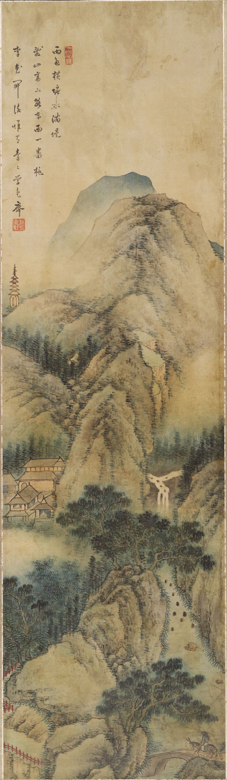Paisaje montañoso con cascada, pueblo y pagoda lejana de Cho Chung-muk, papel