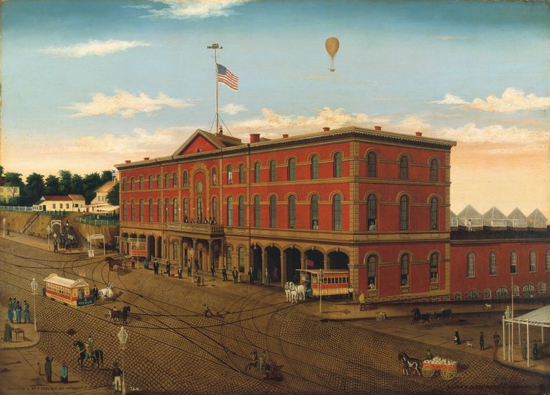 The Third Avenue Railroad Depot de William H. Schenck, retratando uma cena urbana movimentada, óleo