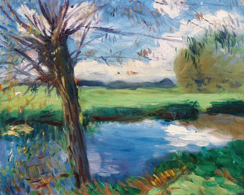 River Bank, near Oxford de John Singer Sargent, pintura al óleo que muestra un paisaje sereno con luz moteada.