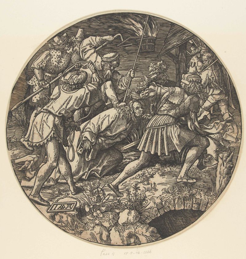 De gevangenneming van Christus, papel, Jacob Cornelisz van Oostsanen, Cristo iluminado por luz rodeado de figuras en sombras.