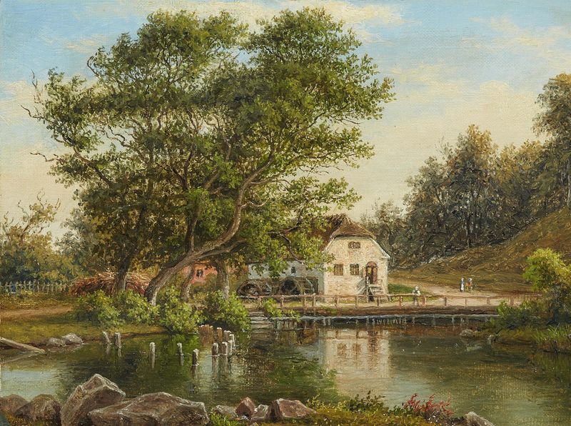 Landschaft mit Wassermühle de Frederik Christian Kiærskou, pintura al óleo que muestra un río y un molino.