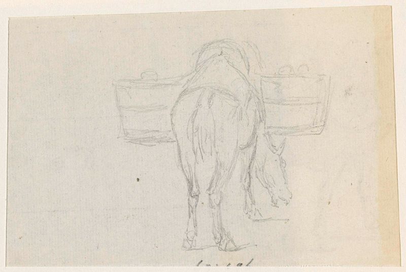 Horse with two burdens on the saddle, paper work by Georges Michel