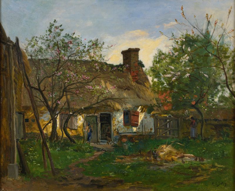 Paisaje de La Chaumiere à Berneval de Hippolyte Camille Delpy, pintura al óleo