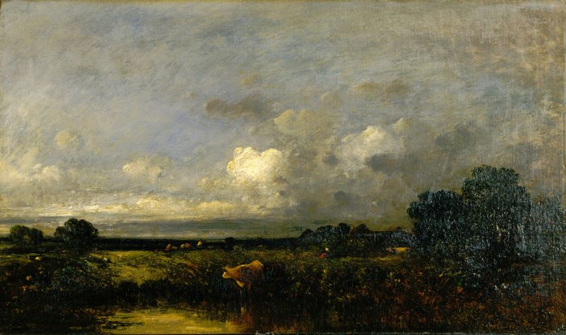 Landscape with Cow by Jules Dupré, impressionism, depicting a cow grazing in a lush green landscape