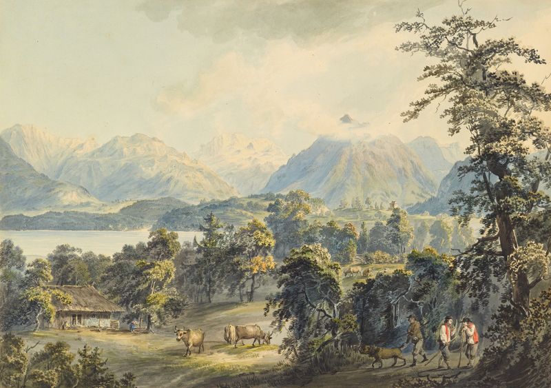 Oil painting by Johann Georg Volmar depicting Thunersees and Niesen mountain.