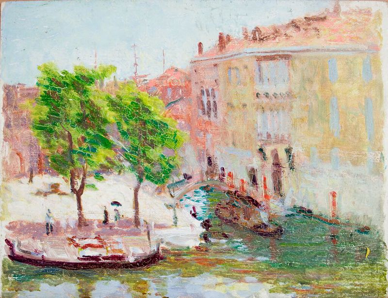 Vista del canal con góndola de Denman Waldo Ross, óleo sobre lienzo