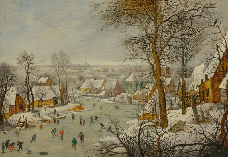 The Birdtrap by Pieter Brueghel The Younger, oil painting depicting figures trapping a bird.