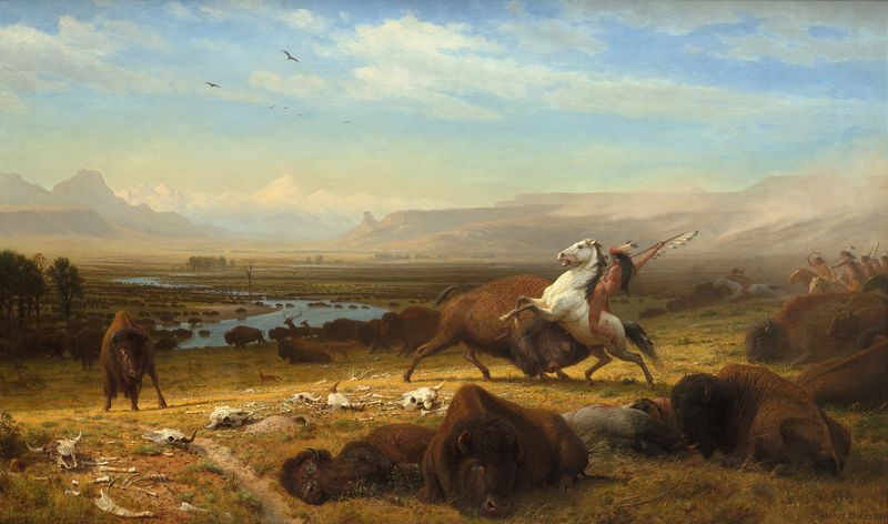 El Último de los Búfalos de Albert Bierstadt, pintura al óleo que muestra búfalos en un vasto paisaje.