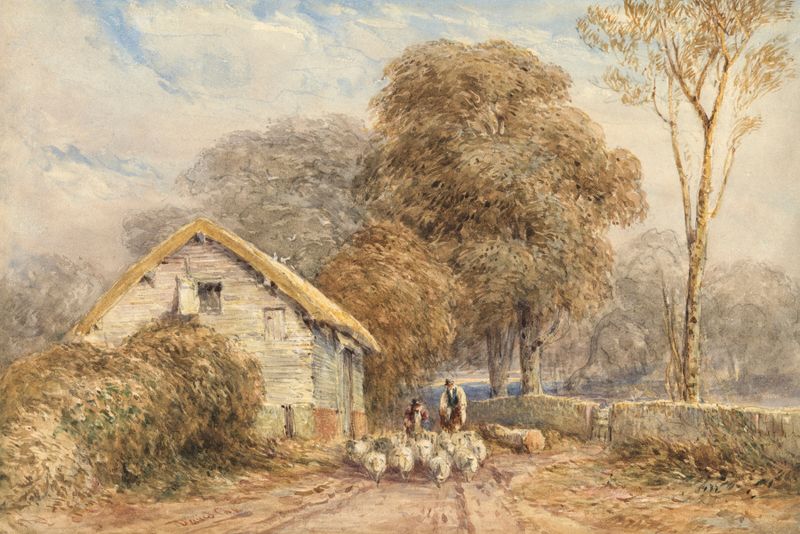 Um viajante a cavalo com um pastor e ovelhas, pintura a óleo de David Cox