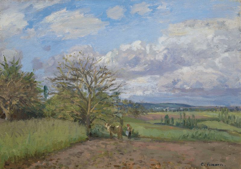 Paysage avec une vachère de Camille Pissarro, óleo sobre lienzo que muestra una escena pastoral con ganado.