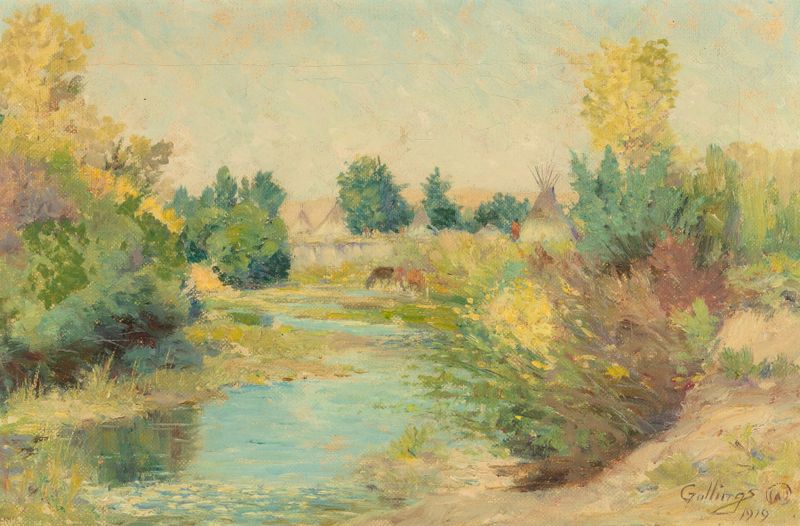 Watering Hole, Indian Village de Elling William Gollings, mostrando a una mujer sacando agua.