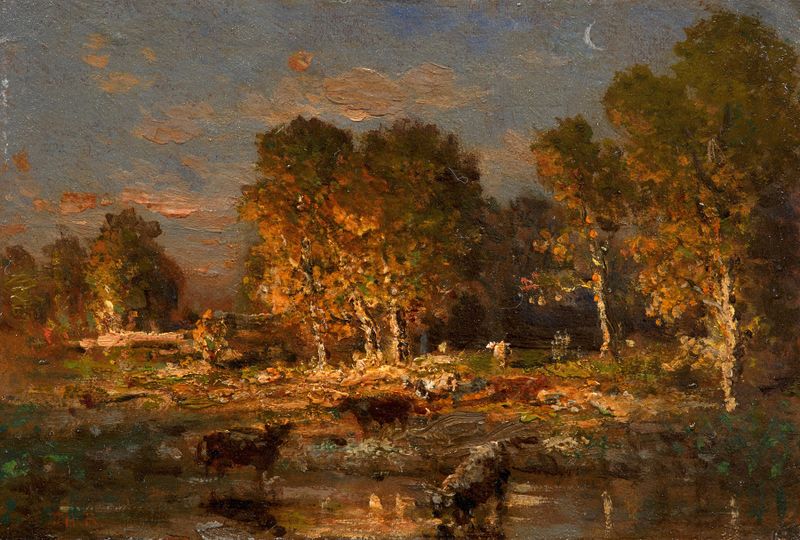 Vacas bebiendo al atardecer, pintura al óleo de Théodore Rousseau