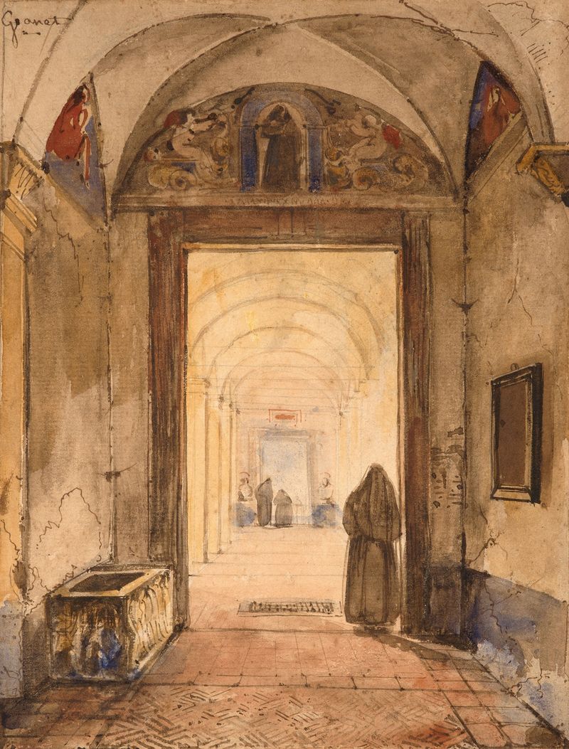 Interior of a cloister with a sarcophagus, oil on canvas by François-Marius Granet