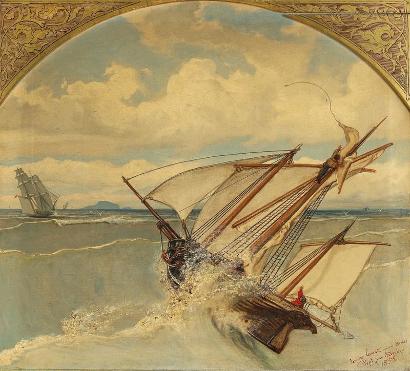Storm at Sea de Jaroslav Cermak, pintura a óleo que retrata ondas turbulentas e nuvens escuras.