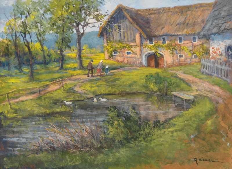 Landscape oil painting by Rudolf Kierner depicting a farm and pond