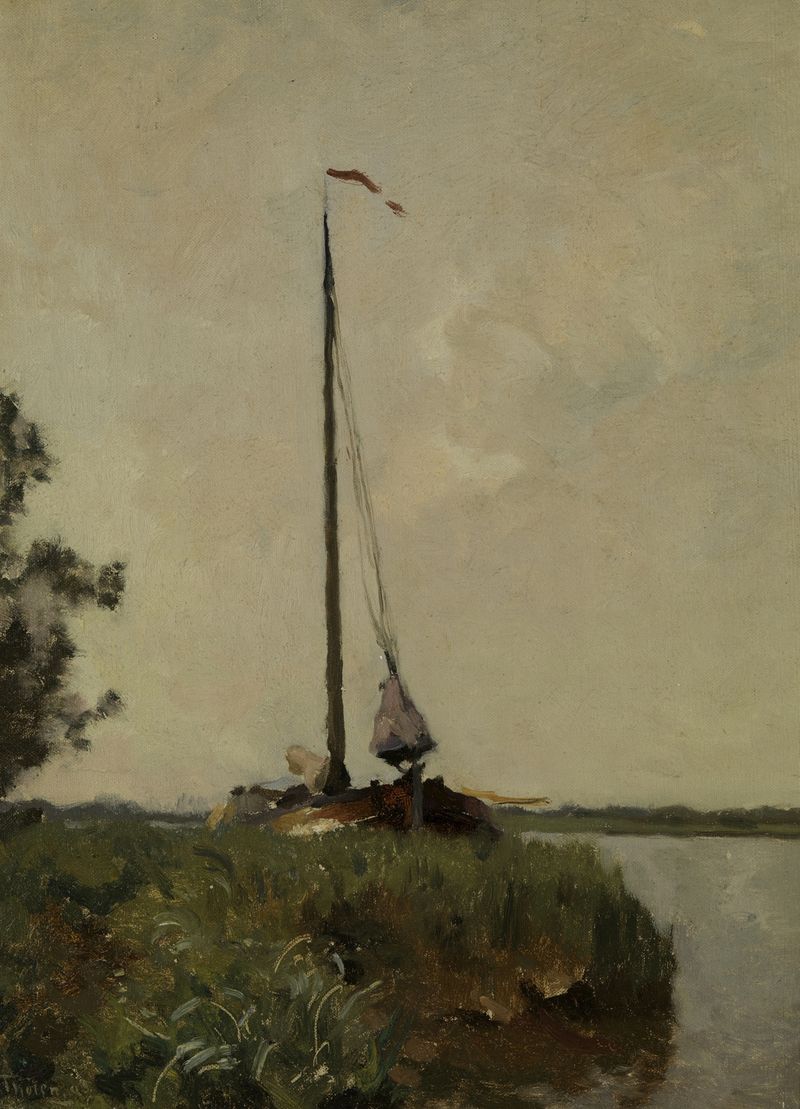 Landschap met schuit, óleo sobre tela de Willem Bastiaan Tholen, retratando uma paisagem de rio serena.