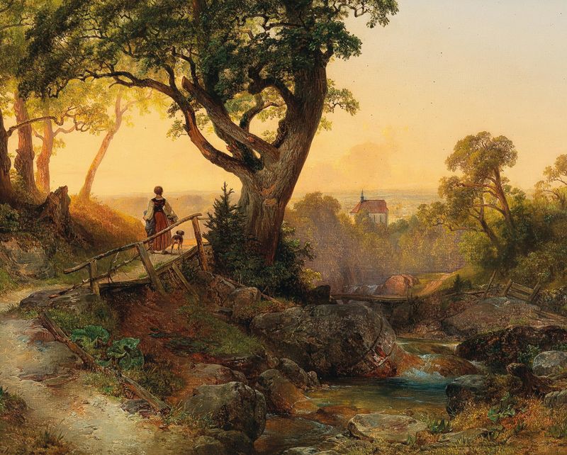 Paisaje al atardecer con la Othmarskirche en Mödling, pintura al óleo de Anton Hansch