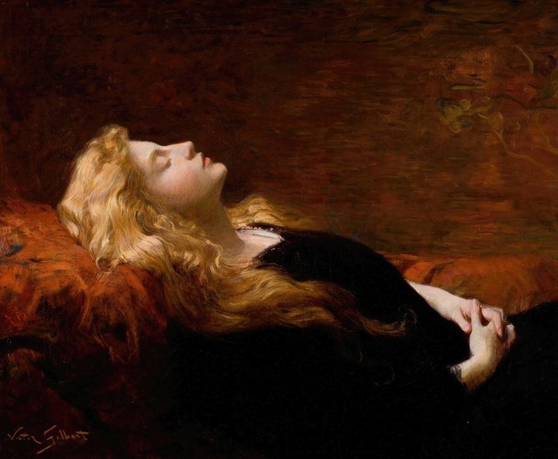 Figurative oil painting by Victor Gabriel Gilbert depicting a woman in repose, illuminated by soft light.