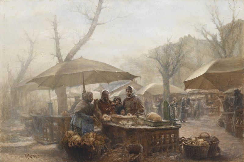 Cena de gênero representando um mercado com figuras em trajes tradicionais, óleo sobre tela de Carl Massmann