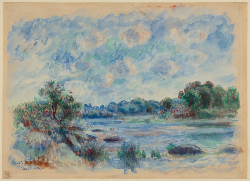 Landscape at Pont-Aven, óleo sobre lienzo de Pierre-Auguste Renoir que muestra un río y un bosque.