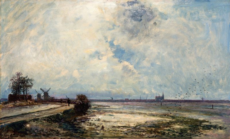 Dutch Landscape de Johan Barthold Jongkind, óleo sobre lienzo, que representa un amanecer tranquilo con colores suaves.