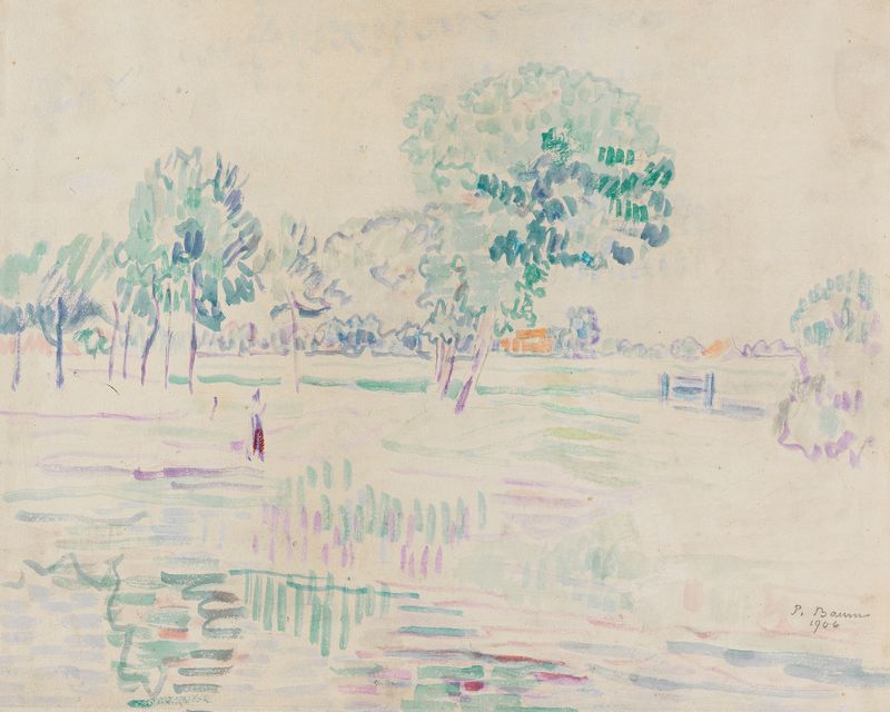Holländische Wiesenlandschaft de Paul Baum, óleo sobre tela que retrata uma paisagem serena com prados e um horizonte.