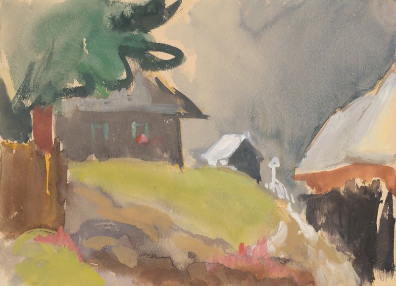 Paisagem com cottages rústicos sob um céu apagado, pintura a óleo de Ján Novák