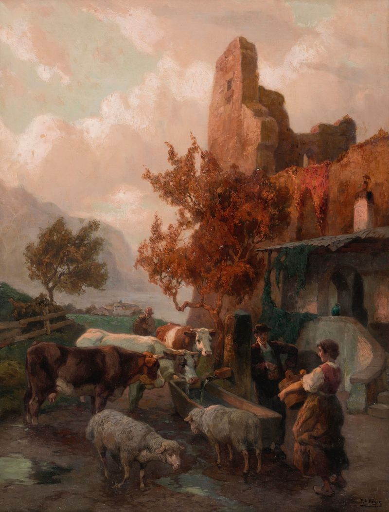 Cena de gênero com duas figuras conversando à beira da água, pintura a óleo de Rudolf Alfred Höger