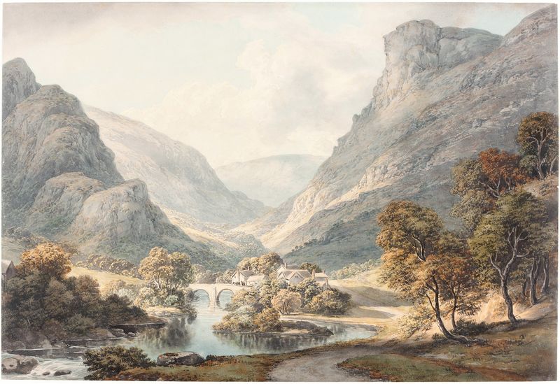 A View of Dovedale by John Glover, oil on canvas depicting rolling hills and golden light