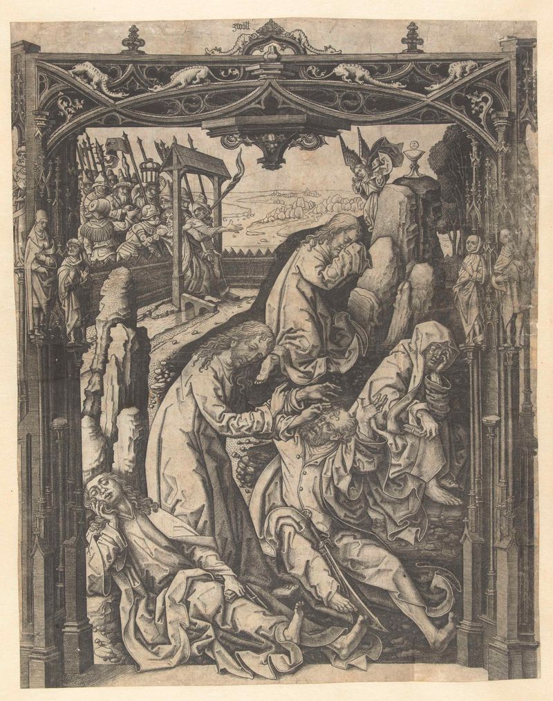 Engraving by Meester IAM van Zwoll depicting a somber figure in a landscape of faith and doubt.