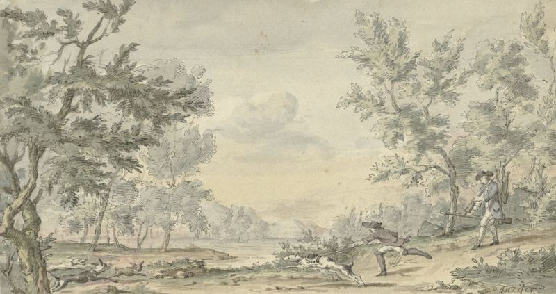 Hazenjacht de Hendrik Meijer, óleo sobre lienzo que muestra cazadores en un bosque