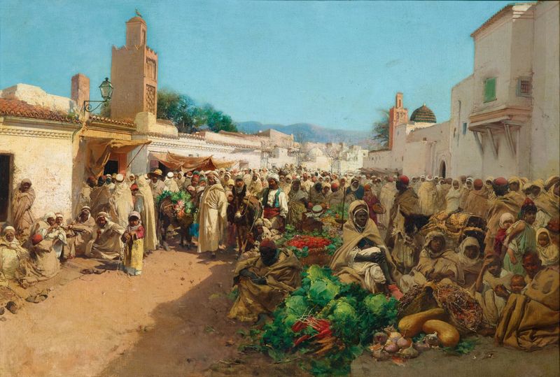 Uma cena de mercado em Tlemcen, Argélia, pintura a óleo de Gustavo Simoni com figuras movimentadas.